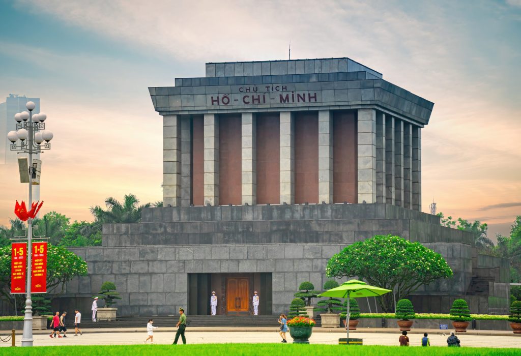 The Ho Chi Minh Mausoleum in centre of the Ba Dinh Square in Hanoi, Vietnam. Cinematic sky in background. This is a popular tourist destination of Asia.Travel concept